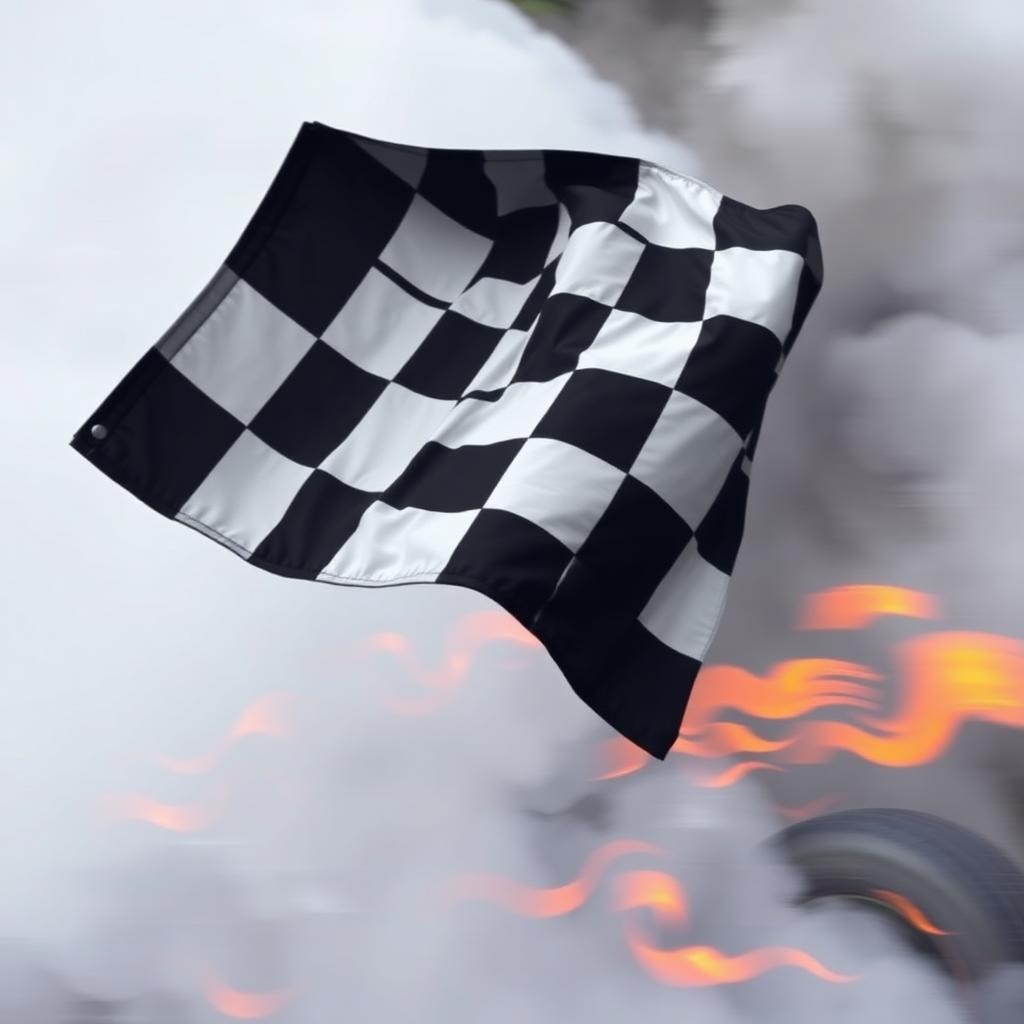 Checkered flag waving through smoke