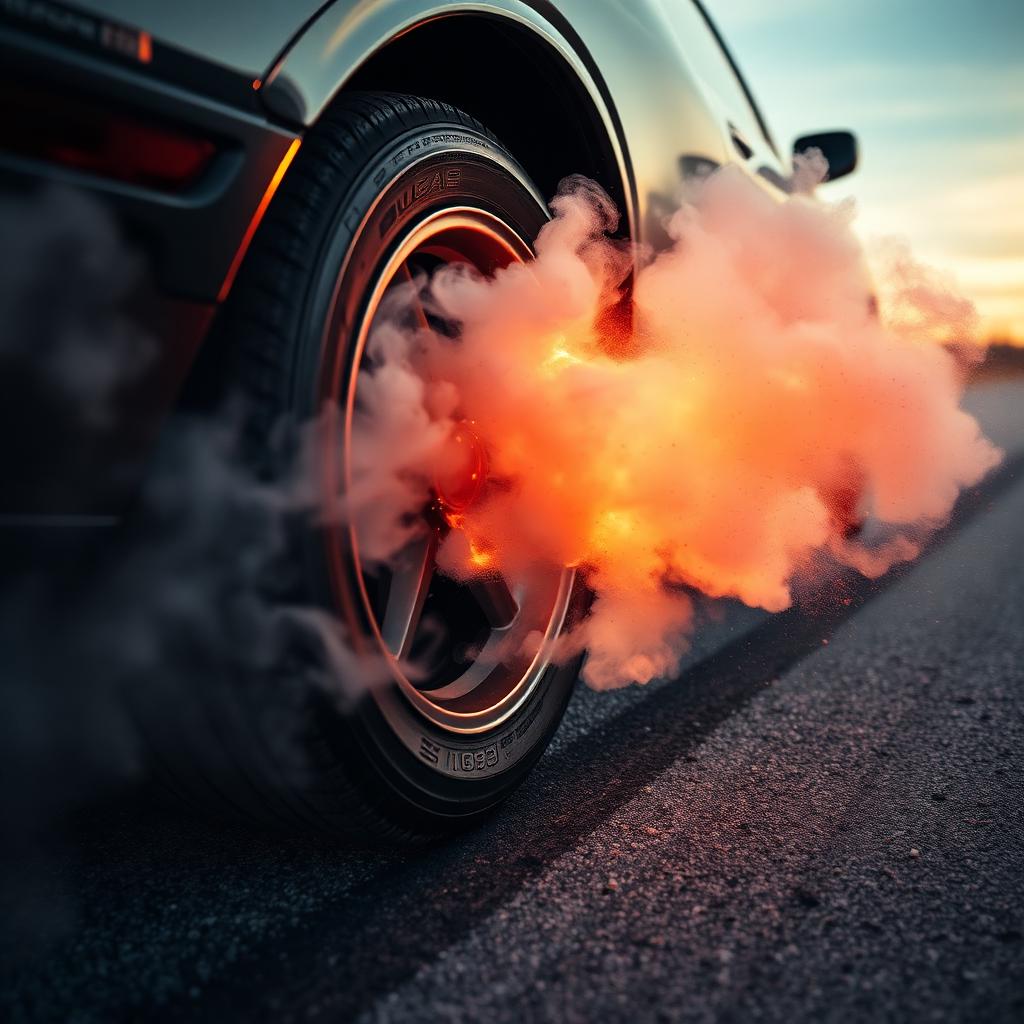 Tire spinning with smoke at sunset