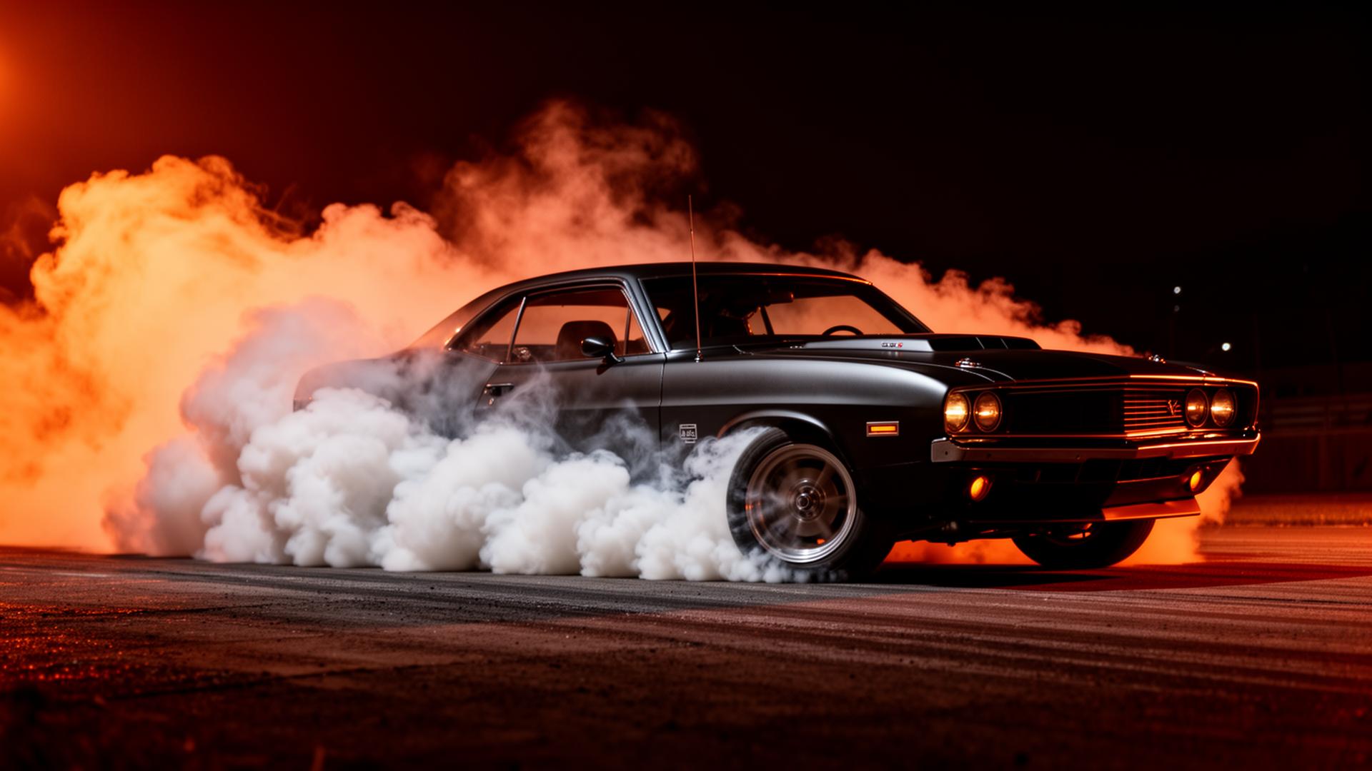 Black muscle car ripping a smoky burnout under orange floodlights